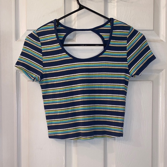 SO Striped Blue and Yellow Ribbed Crop Top - Picture 3 of 9